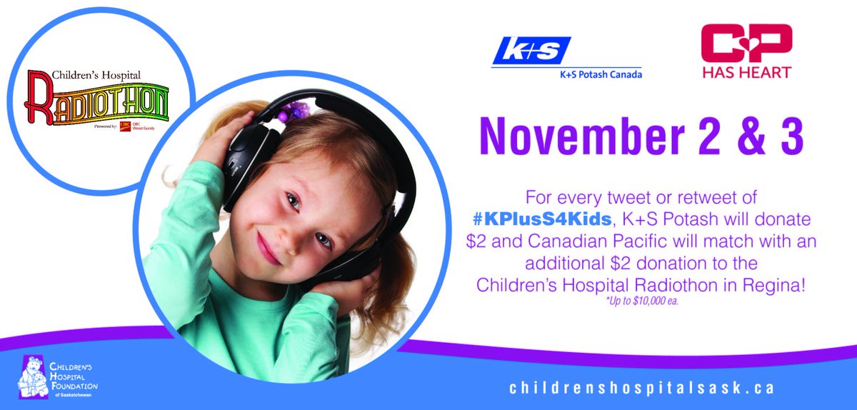 LET'S RETWEET SASKATCHEWAN. 

$4 per retweet to @childhospitalSK! $2 from @KPlusSPotashCan &amp; @CPhasHeart matches. Thx K+S &amp; CP! #KPlusS4Kids