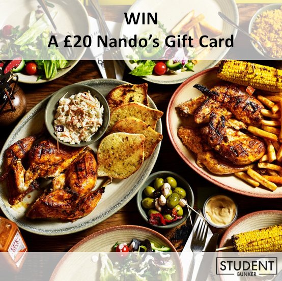 StudentBunker's tweet photo. Last chance to #win 🍀 a £20 @NandosUK giftcard!🍴 Simply #RT &amp; #Like #Competition ends @ MIDNIGHT 👯 https://t.co/YXQ2x0bM9F