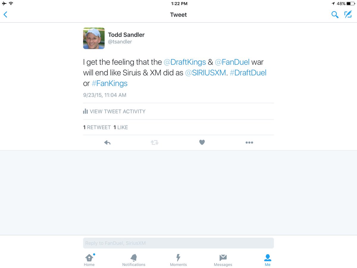 tsandler's tweet photo. My tweet from Sept. 2015 re: @DraftKings / @FanDuel merger. #DraftDuel or #FanKings https://t.co/gbGz30zIuH