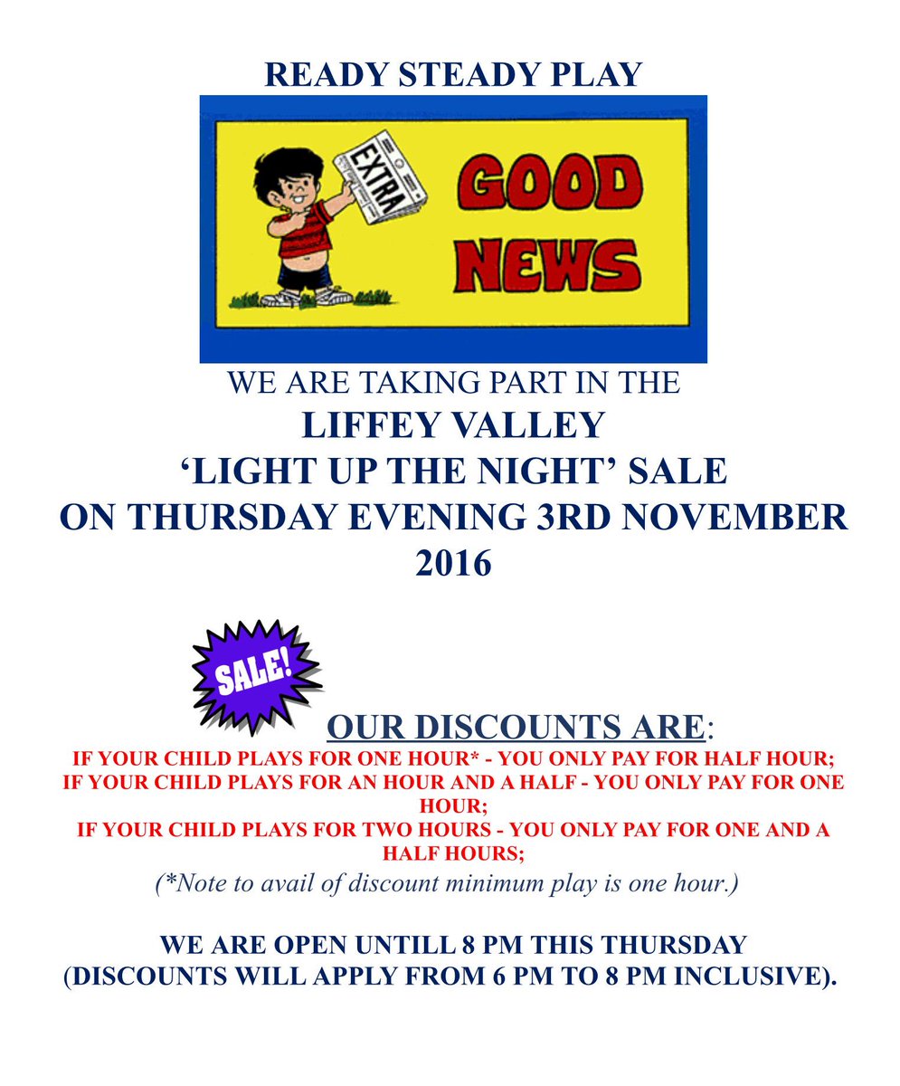 R_S_Play's tweet photo. We will be open till 8pm Thurs 3rd Nov for @atLiffeyValley #LightUpTheNight discount night. Discounts from 6pm-8pm https://t.co/Nngf12GvJJ