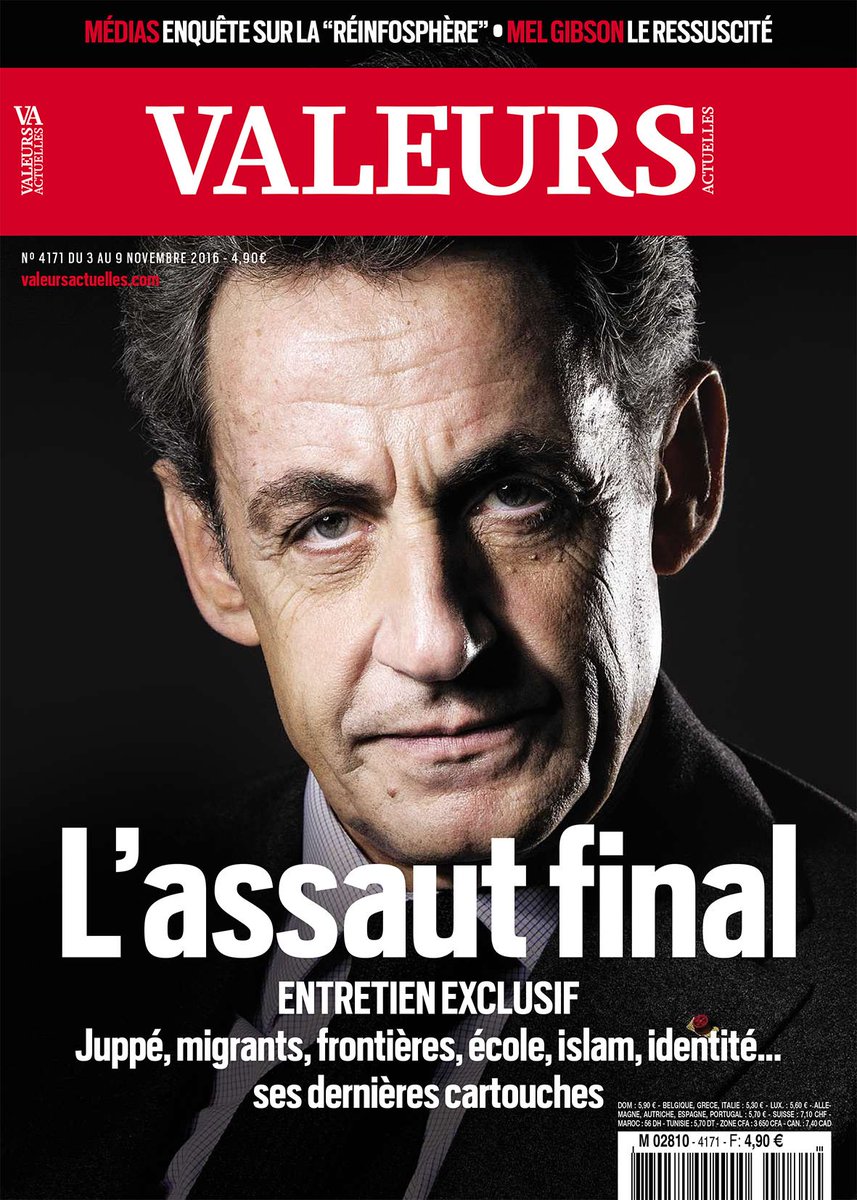 Valeurs's tweet photo. Cette semaine dans Valeurs actuelles, l'interview de Sarkozy : l'assaut final >> https://t.co/Y1eekWN5O4 https://t.co/brH6Ja25iF