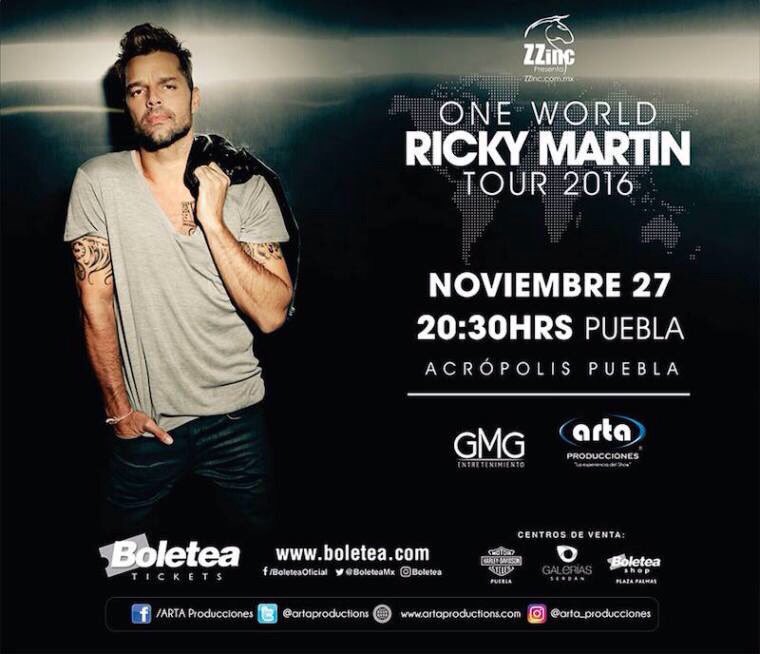 Beatcloudmx's tweet photo. Todos a bailar con #RickyMartin en @AcropolisPuebla este 27 de noviembre, #OneWordTour 2016 coordinado por @artaproductions https://t.co/jiEfydPNFM