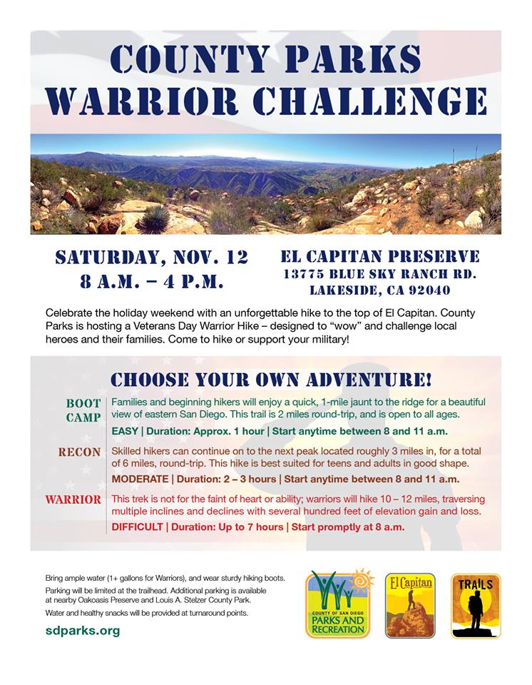 We're just 10 days away from the County Parks Warrior Challenge! Are you ready?? Sat. Nov. 12, 8A-4P at El Capitan Preserve in Lakeside.