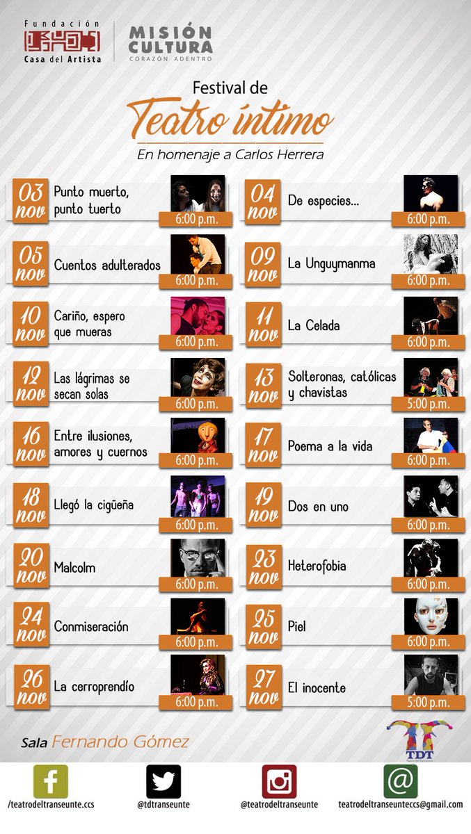 Programacion del Festival de Teatro Intimo #llegate #Noviembre #Teatro #FestivaldeTeatroIntimo <a href="/UNoticias/">Últimas Noticias</a>  <a href="/albaciudad/">Alba Ciudad 96.3 FM 📻🇻🇪🎶</a>