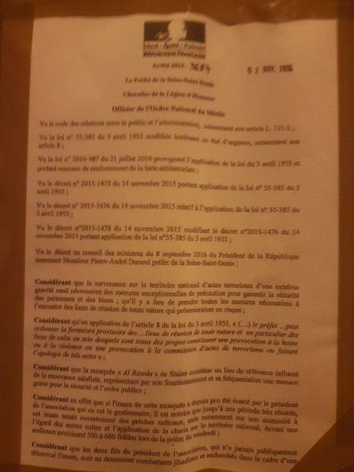 Le ministère de l'Intérieur ferme quatre mosquées en Ile-de-France CwRu4lSXYAQqhHG