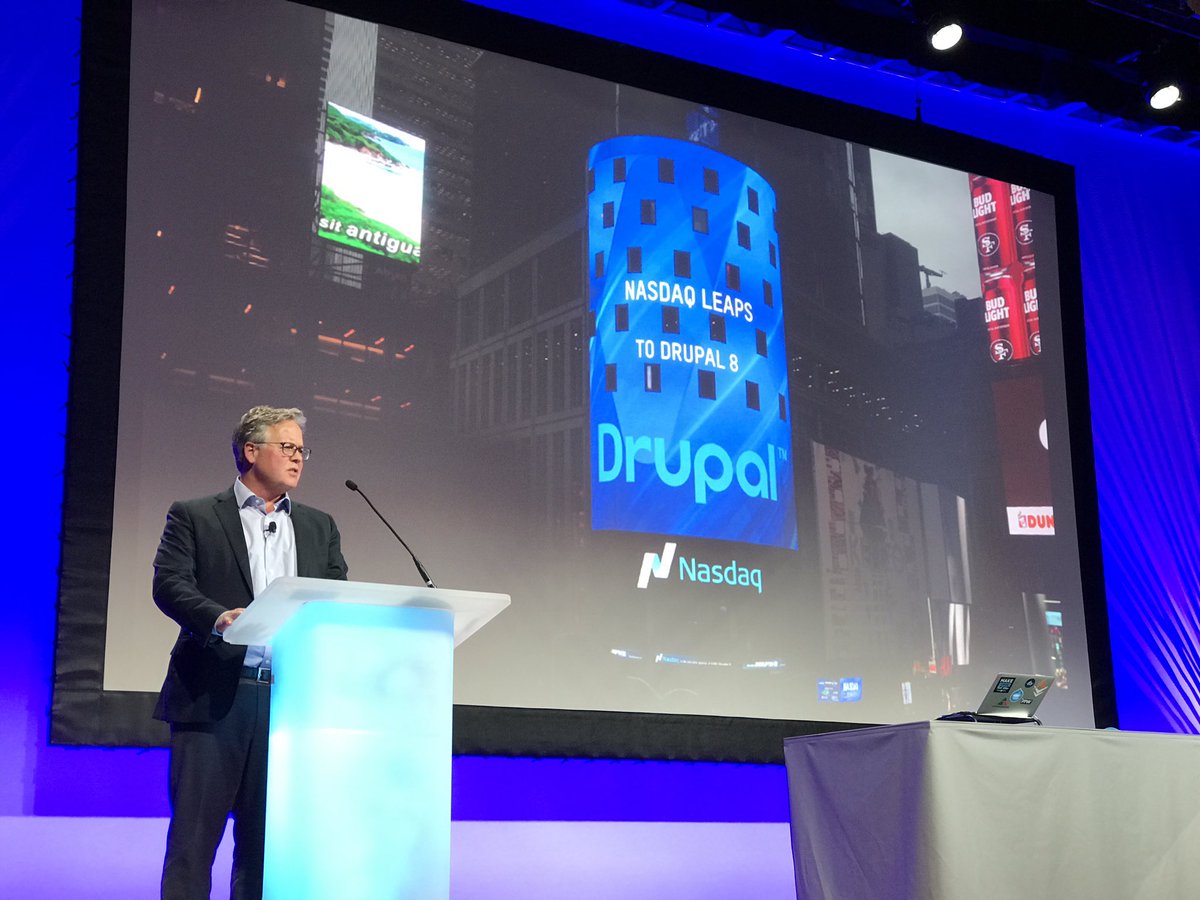 Dries's tweet image. Drupal on NASDAQ&apos;s billboard on Times Square! #AcquiaEngage