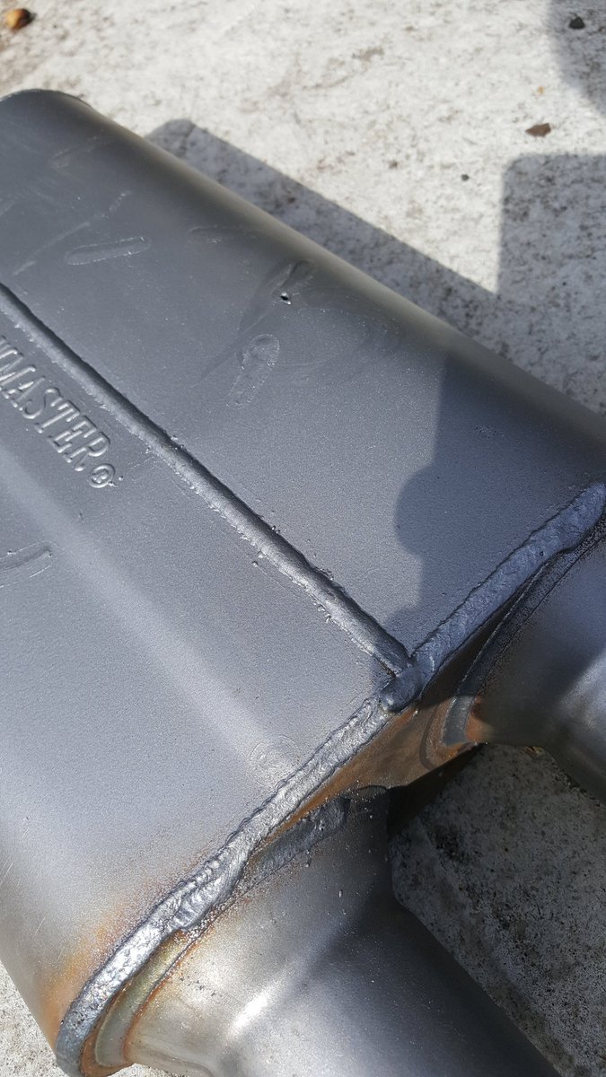 YouSorryassPunk's tweet photo. I'm glad to see @premiumbusiness hasn't hooked up @Flowmaster1 with their blue check. Unfinished paint job, hole from weld, and finger swirl on it. https://t.co/azKCiIcJqL