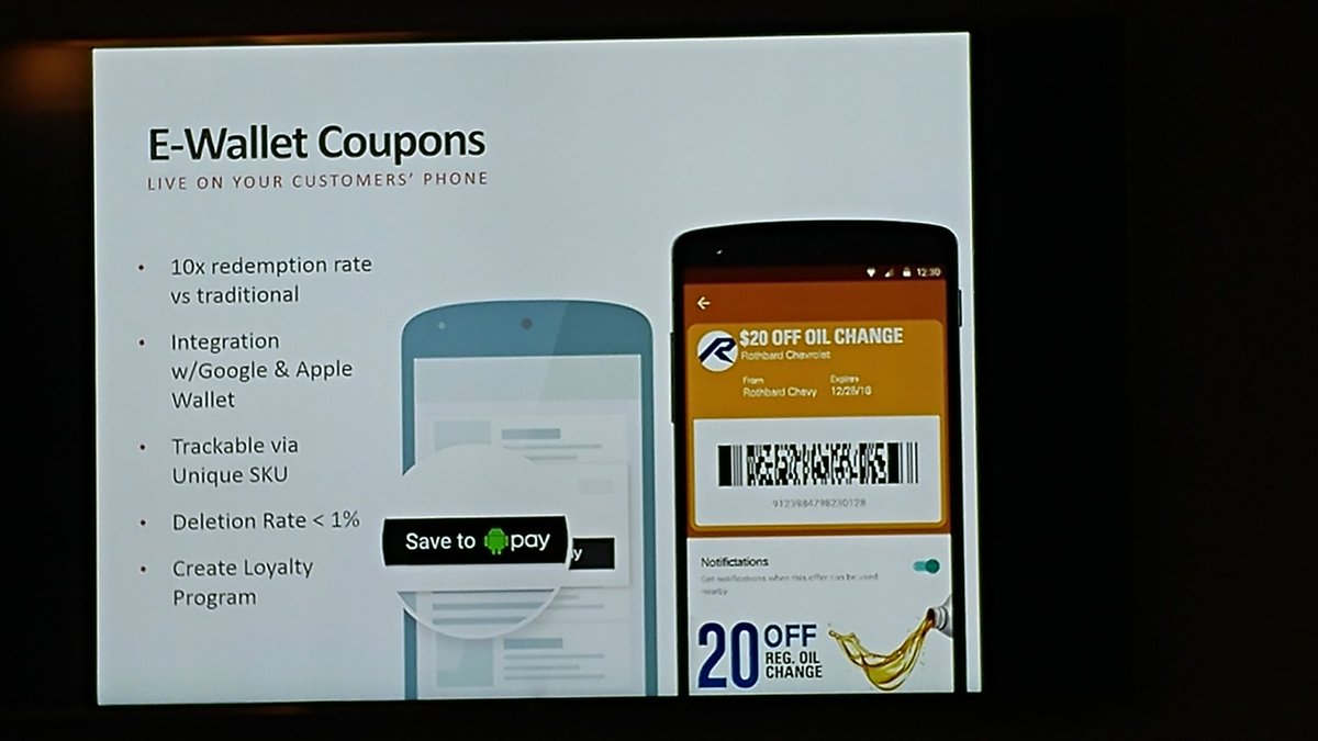tomlapointe's tweet photo. @Google and @Apple e-Wallet coupons on website convert at 10x rate of print or email - @mdevito @DealerOn https://t.co/IRQ5dHlCKD