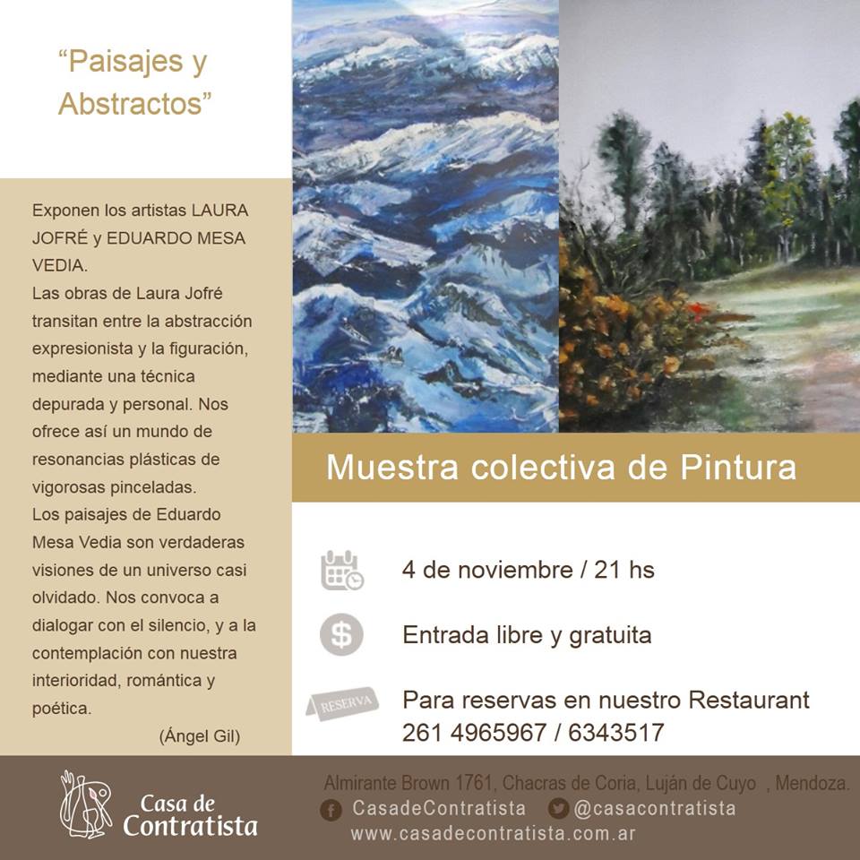 Buen día, #Mendoza!

4 de nov - Muestra Colectiva de Pintura en Casa de Contratista.

Mas info: mendozaeventos.com/exhibiciones-d…
<a href="/albertoianardi/">Alberto Ianardi</a>