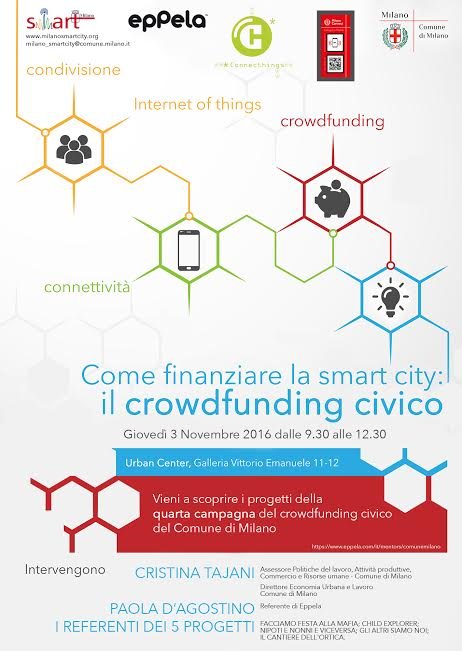 Domani,  3 novembre saranno presentati i 5 progetti entrati nella piattaforma per il crowdfunding del ComunediMilano.
Vi aspettiamo numerosi