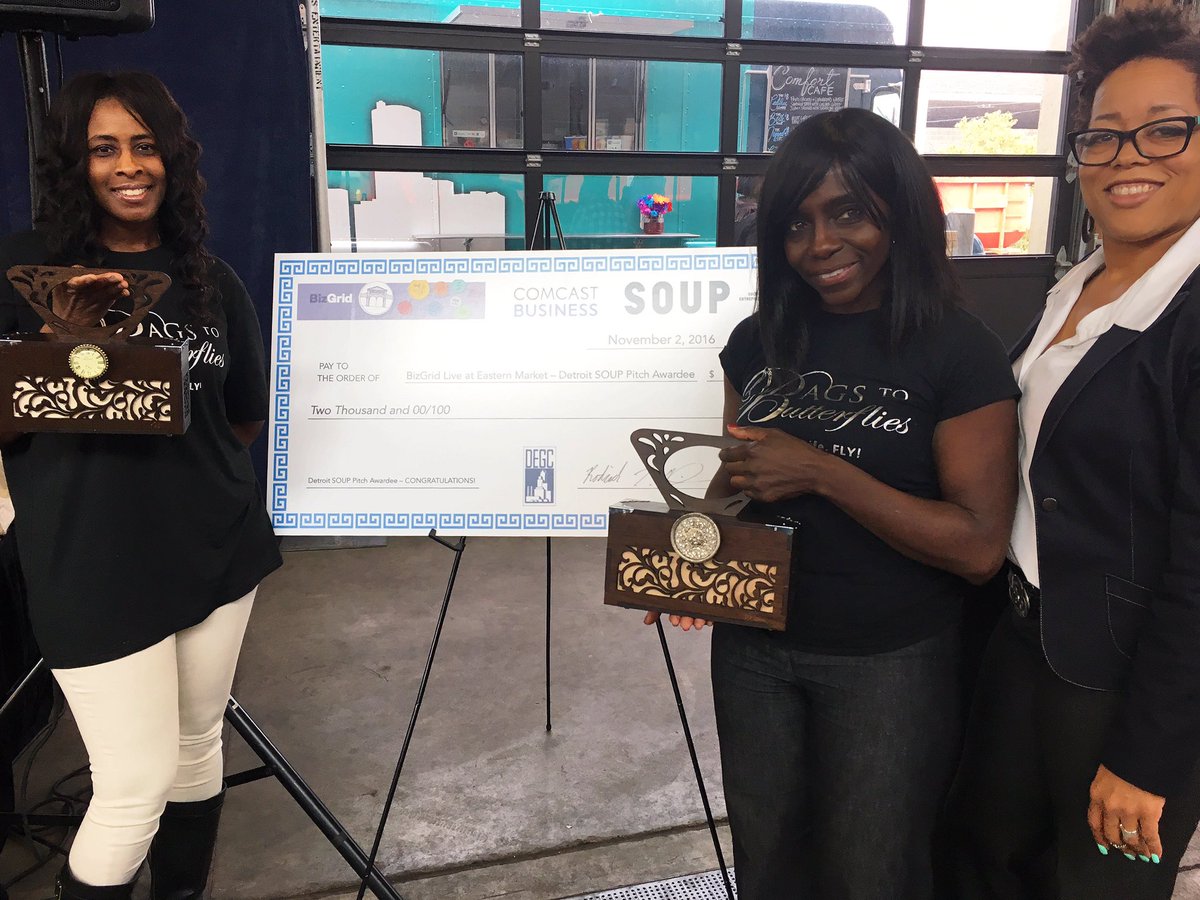 Congrats to Bags to Butterflies, L3C, winner of $2k <a href="/DetroitSOUP/">Detroit SOUP</a> pitch money! #BizGridLive #DETBGL16
