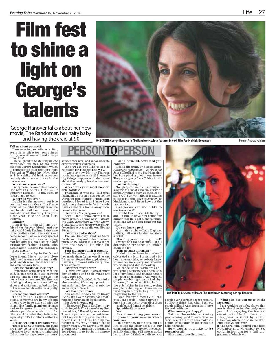 SpringboardCom's tweet photo. In today's @CorkEveningEcho  there is a fantastic feature on George Hanover of @TheRandomerMov, to be screened at the @CorkFilmFest https://t.co/tqU9HCOyky