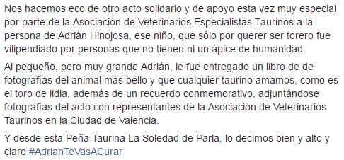 ParlaEsTaurina's tweet photo. Las Peñas Taurinas de Parla damos la enhorabuena a la Asociación de Veterinarios Taurinos por su apoyo a Adrian https://t.co/wnSYyKEmbU