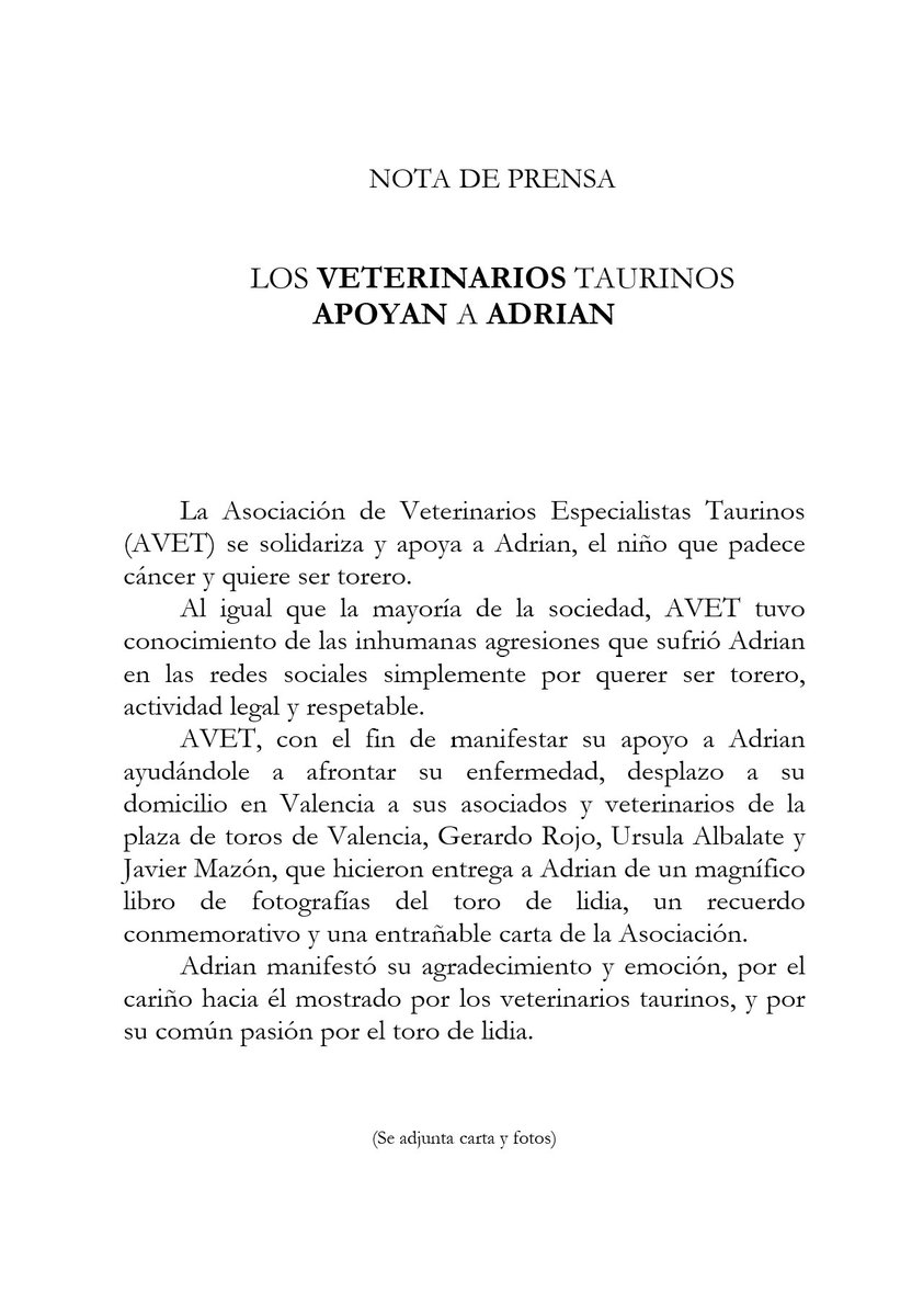 ParlaEsTaurina's tweet photo. Las Peñas Taurinas de Parla damos la enhorabuena a la Asociación de Veterinarios Taurinos por su apoyo a Adrian https://t.co/wnSYyKEmbU