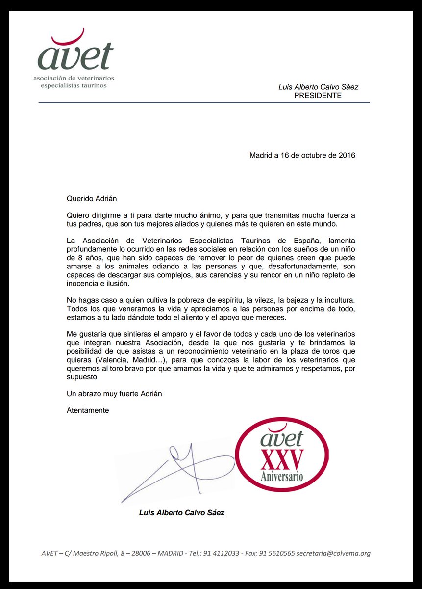 ParlaEsTaurina's tweet photo. Las Peñas Taurinas de Parla damos la enhorabuena a la Asociación de Veterinarios Taurinos por su apoyo a Adrian https://t.co/wnSYyKEmbU