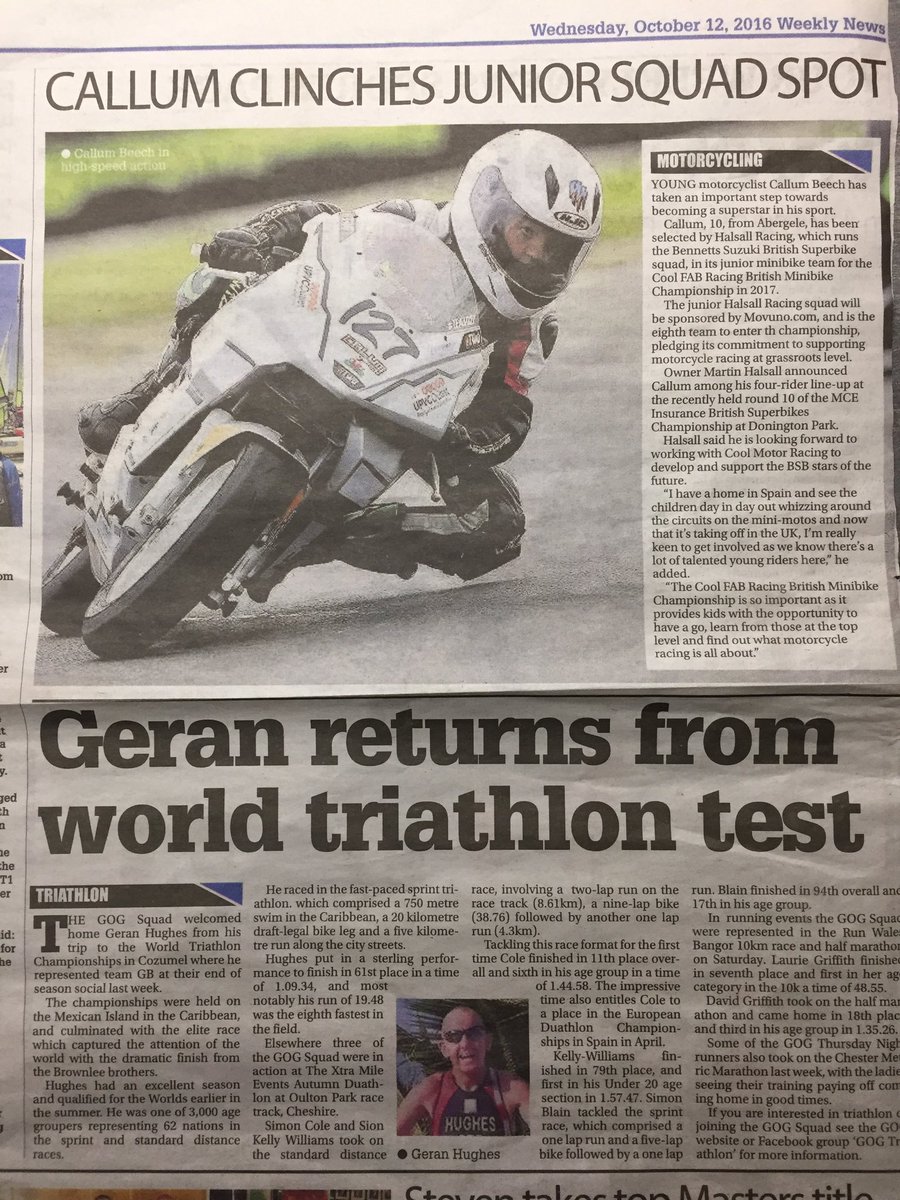 Nice write up on Cal in the North Wales weekly news.. looking forward to 2017 #TEAM127 @BennettsSuzuki  <a href="/Movuno_HO/">Movuno Estate Agent</a> <a href="/HalsallMartin/">Martin Halsall</a>