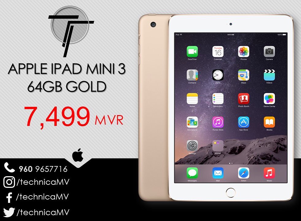 TechnicaMV's tweet photo. Apple iPad Mini 3 Wifi 64GB - Gold
Used like New - No scratches and dents
Call 9657716 / 7756989
#TechnicaMV https://t.co/40q9Yr8wFm
