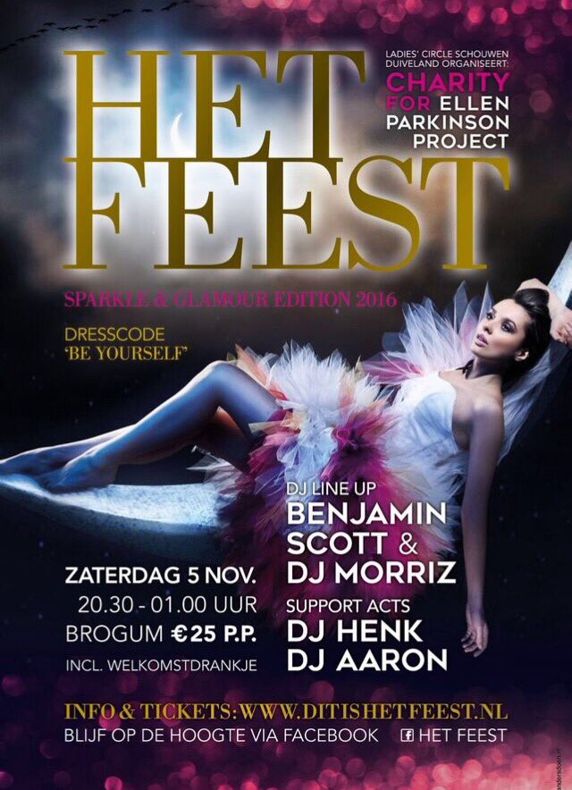 As zaterdag organiseren we Het Feest ten bate van Ellen Parkinson Project. Kaarten via www. ditishetfeest.nl