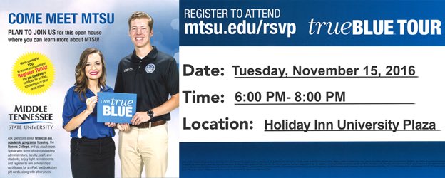 SWHSGuidance's tweet image. @MTSU is hosting a student reception on Nov 15th from
 6 PM - 8 PM @ the Holiday Inn University Plaza. Register @ mtsu.edu/rsvp.