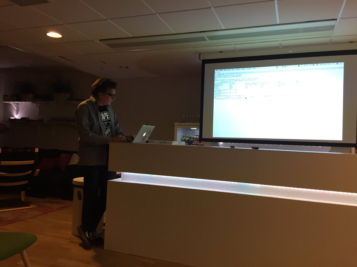StockholmElixir's tweet photo. Tonight @kitofr, @joakimk, and @keklund told us tales of building apps with Elixir and Elm as well as building &amp; deploying with Exrm. https://t.co/Te6oHQHX8e