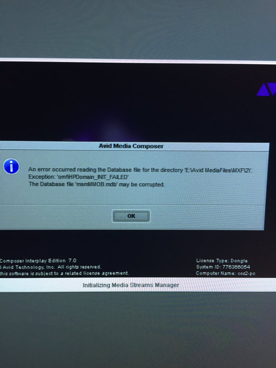 _RealCamBaker's tweet photo. @FixInPost Having a problem in suite 5 Whiss. This message keeps popping up when opening avid and then can't import https://t.co/gz79iMIMZi