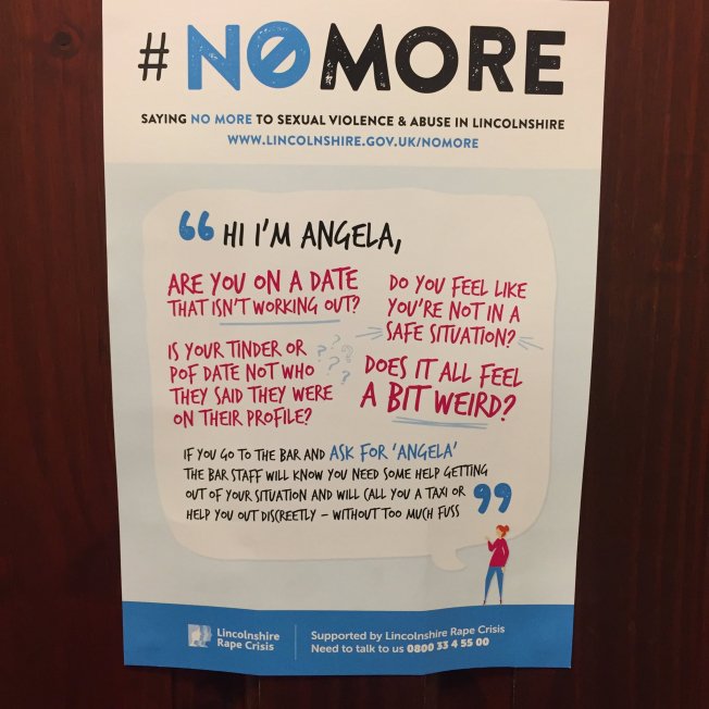 GHazellKivell's tweet photo. So impressed by the 'Ask for Angela' campaign: https://t.co/GjICbtAYrW https://t.co/l4eSxdg4Bg