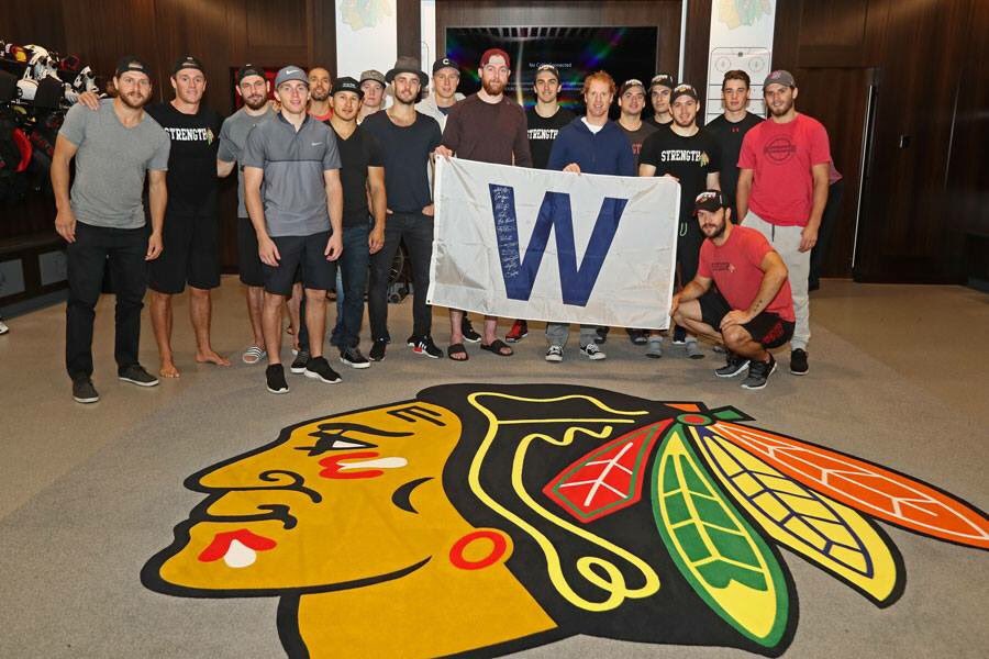 NHLBlackhawks's tweet image. They've done it! Congratulations to the @Cubs and their fans on this historic #WorldSeries win! 

#FlyTheW Chicago!