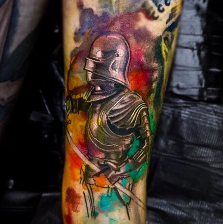 murphysart's tweet image. Recent in progress #tattoo #watercolortattoo #KnightTattoo