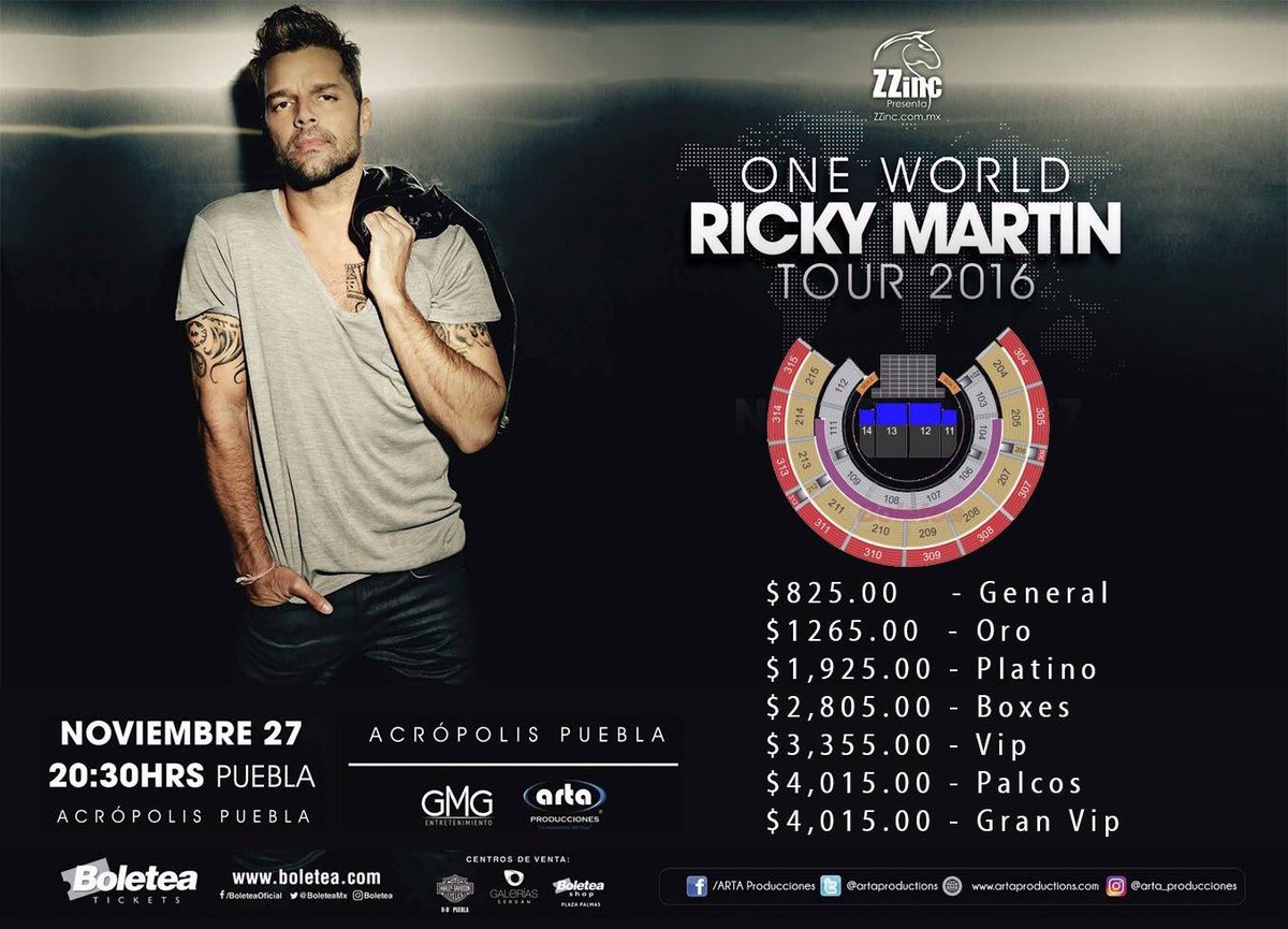 artaproductions's tweet photo. Todos a bailar con #RickyMartin en @AcropolisPuebla este 27 de noviembre, #OneWordTour 2016 coordinado por @artaproductions https://t.co/O5dee038gx
