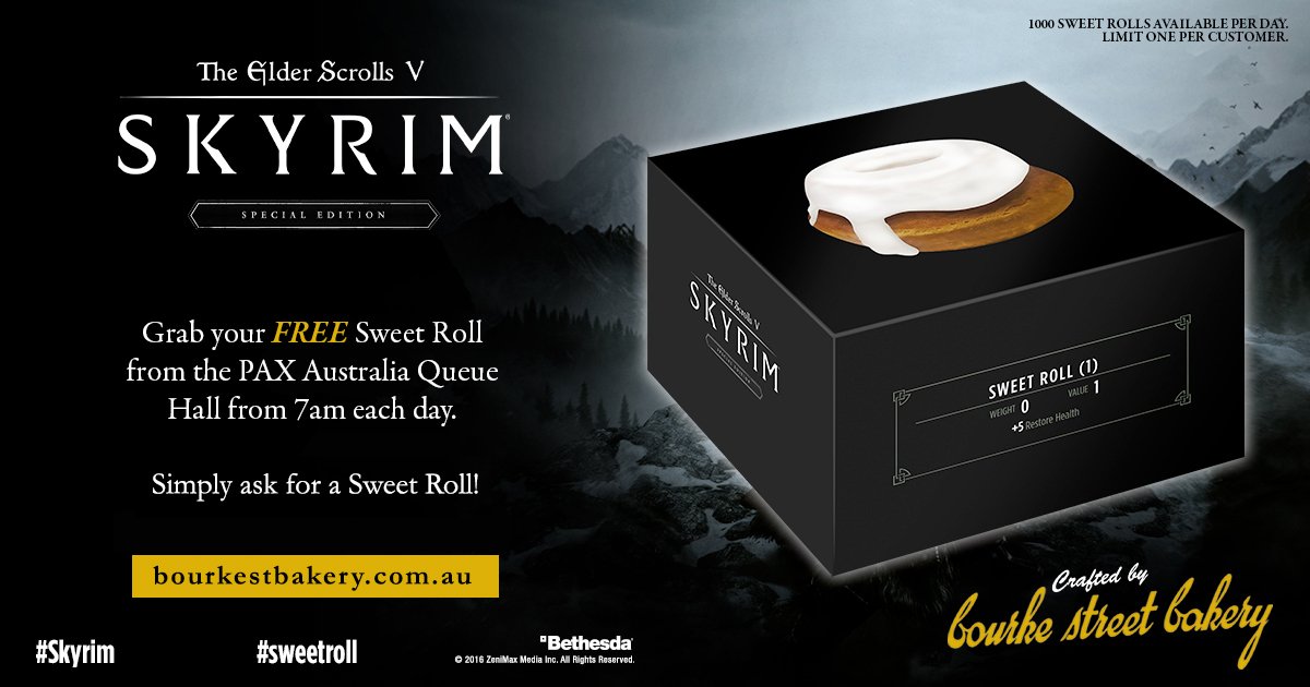 Adventurers! Did someone steal your #sweetroll? If you're coming to #PAXAus this is your chance to replace it for free #SkyrimSpecialEdition