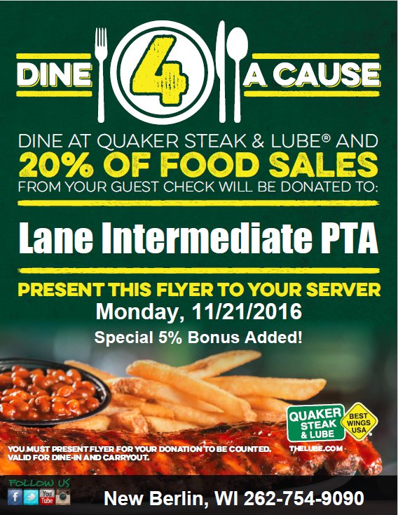 LaneIntPTA's tweet photo. Quaker Steak &amp; Lube PTA Fundraiser
https://t.co/vk1jwDecjG  
Help us to earn 20-25% of the proceeds now till 11/21 https://t.co/FV7RgdC4YZ