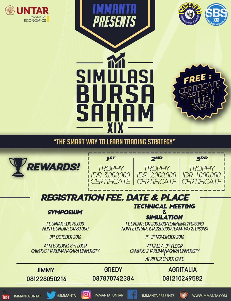 BudiluhurTV's tweet photo. COME AND JOIN US!
SIMULASI BURSA SAHAM XIX
"The Smart Way to Learn Trading Strategy"

From 31st Oct-03 Nov 2016

#SBSXIX #IMMANTAPRESENTS https://t.co/vxJia95gsj