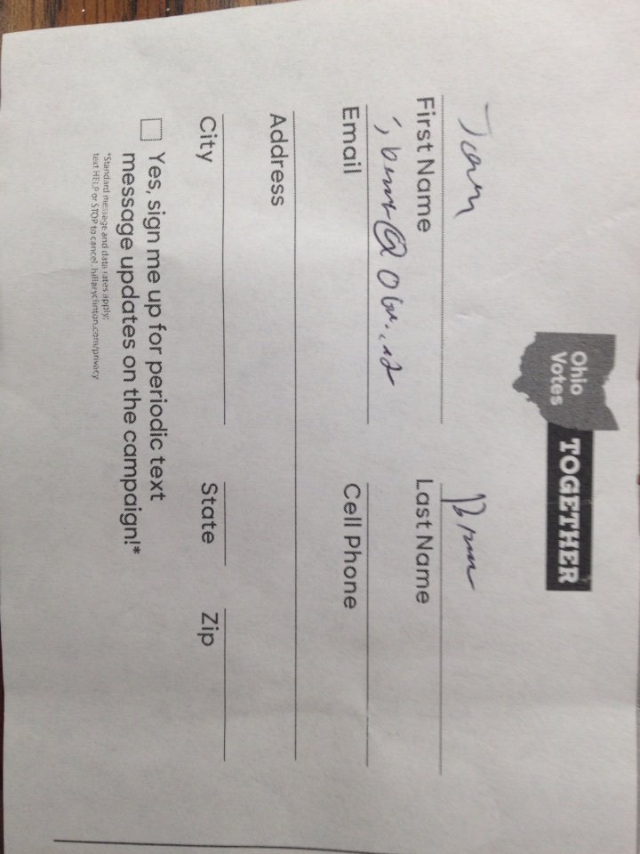 pattrieslife's tweet photo. This Obie thought bad handwriting could evade their canvassing shift. It is now my mission to find them. Who dis? https://t.co/XUHZI4C36l