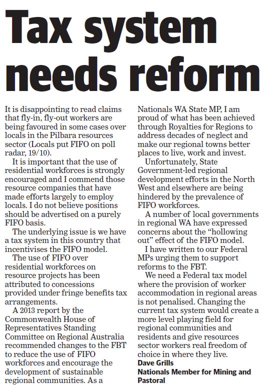 DaveGrills's tweet photo. My letter in this week's @NWTele on FIFO workforces and the need for tax reform to support regional communities.
#wapol #auspol #Pilbara https://t.co/9rJC6W4dfm