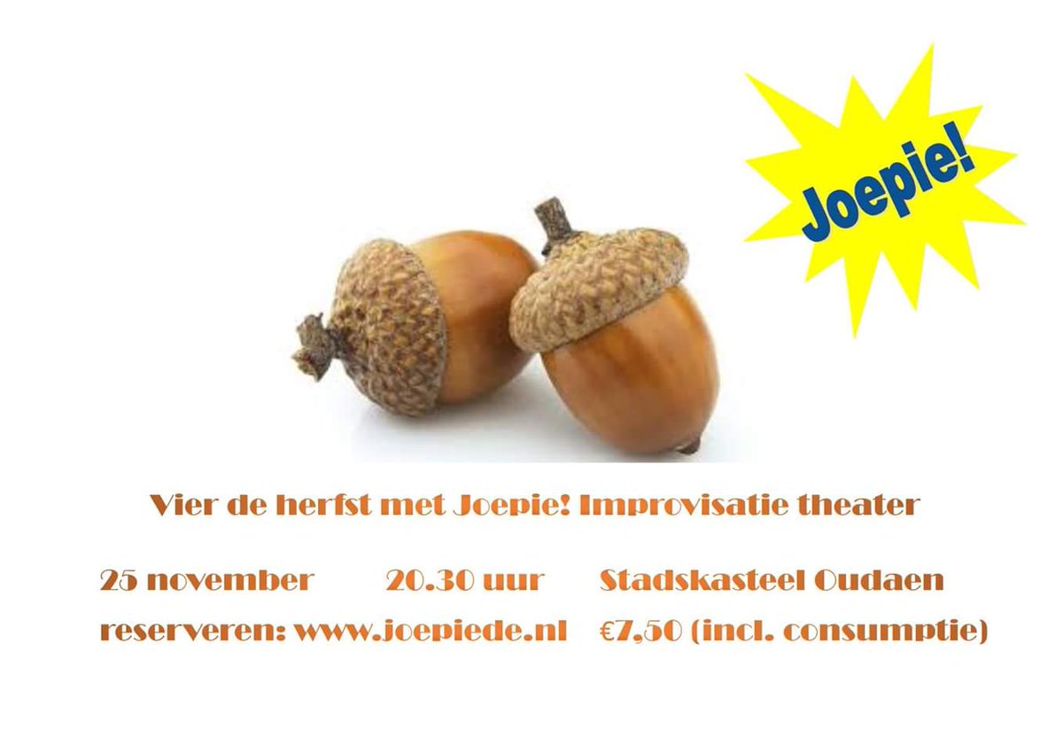 De blaadjes van de bomen en de regen is weer lekker nat. Herfst! Kom je verwarmen bij Joepie. 25-11 in Oudaen.