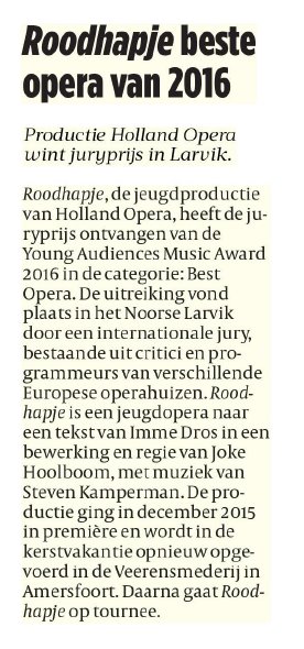 #Roodhapje van <a href="/hollandopera/">Holland Opera</a> won in Noorwegen 
een <a href="/YAMglobal/">YAM</a> award en is binnenkort weer te zien. Met compositie van <a href="/stevenkamperman/">Steven Kamperman</a>.