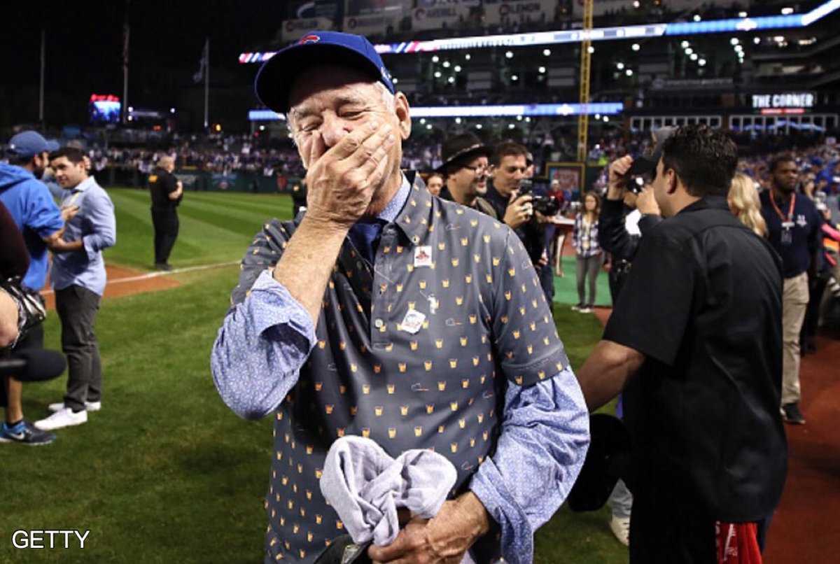 GMA's tweet photo. Bill Murray on the field in tears after the @Cubs win the #WorldSeries. #FlyTheW https://t.co/YcNo9xaHTH