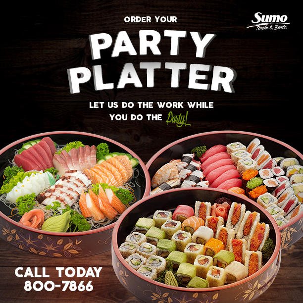 sumosushibento's tweet photo. Getting ready for a party or gathering? We can impress your guests, order a platter or two and let us do the work!  #SumoNow https://t.co/o6hNaLGmF7