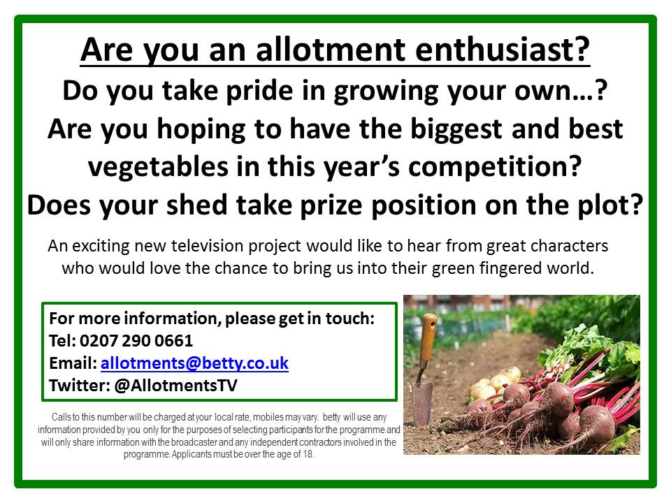 Exciting new TV project is looking for allotment enthusiasts! Please get in touch for more information. E: allotments@betty.co.uk #bristol