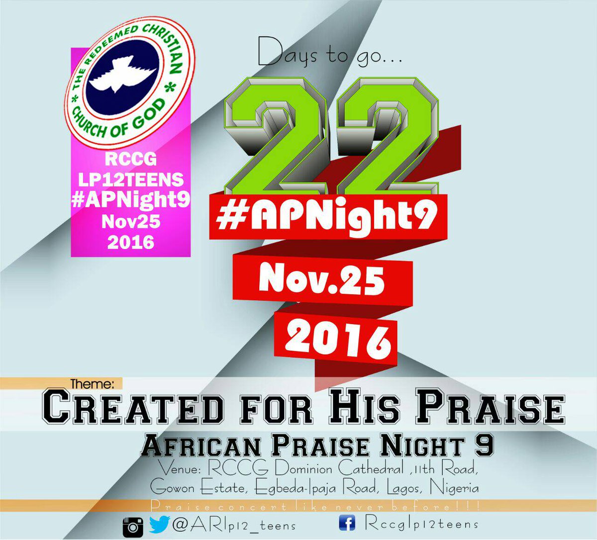 RCCG_LAPTAR's tweet photo. #CreatedForHisPraise #APNight9  RT @daniel_ebere @rccghq @oluwatommy_V @yadah_ @rccglapeta @finjife @IamGideonGold @mypogc
#ThursdayThoughts https://t.co/nc3rZZjYq8