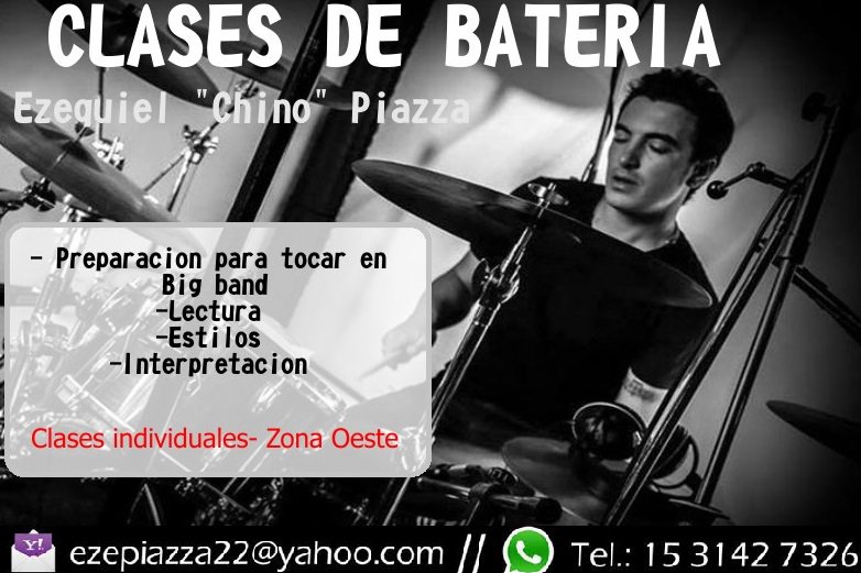 ChinoPiazza's tweet photo. Amig@s! Clases de batería!! Zona Oeste en mi estudio personal, consultame al mail o al whatsapp (en el flyer)  que hay cupos disponibles !! https://t.co/xmCy5LK4FO