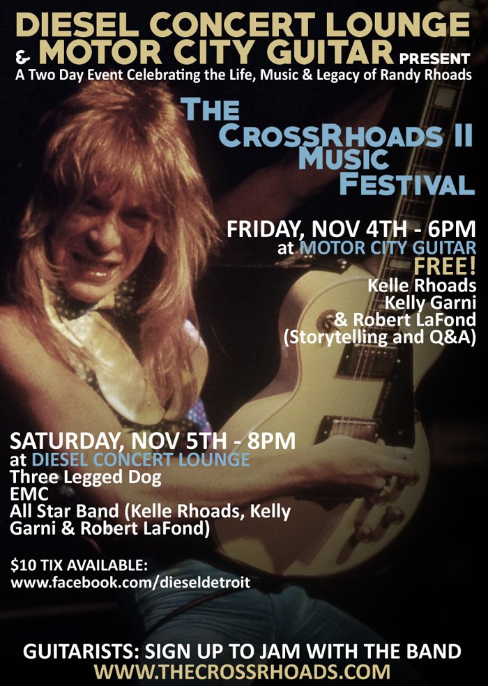 Randy Rhoads Tribute featuring Kelle Rhoads &amp; Kelly Garni <a href="/MotorCityGuitar/">Motor City Guitar</a> Fri Nov 4 6pm (FREE) and Diesel Lounge Sat Nov 5 8pm (Tix $10)