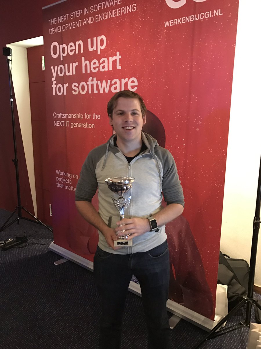 dev_at_CGI's tweet image. The winner of the #mastersofjava @DevRemco at the @CGI_NL booth with the trophy ready to answer your questions #JavaPracticeCGI #jfall16