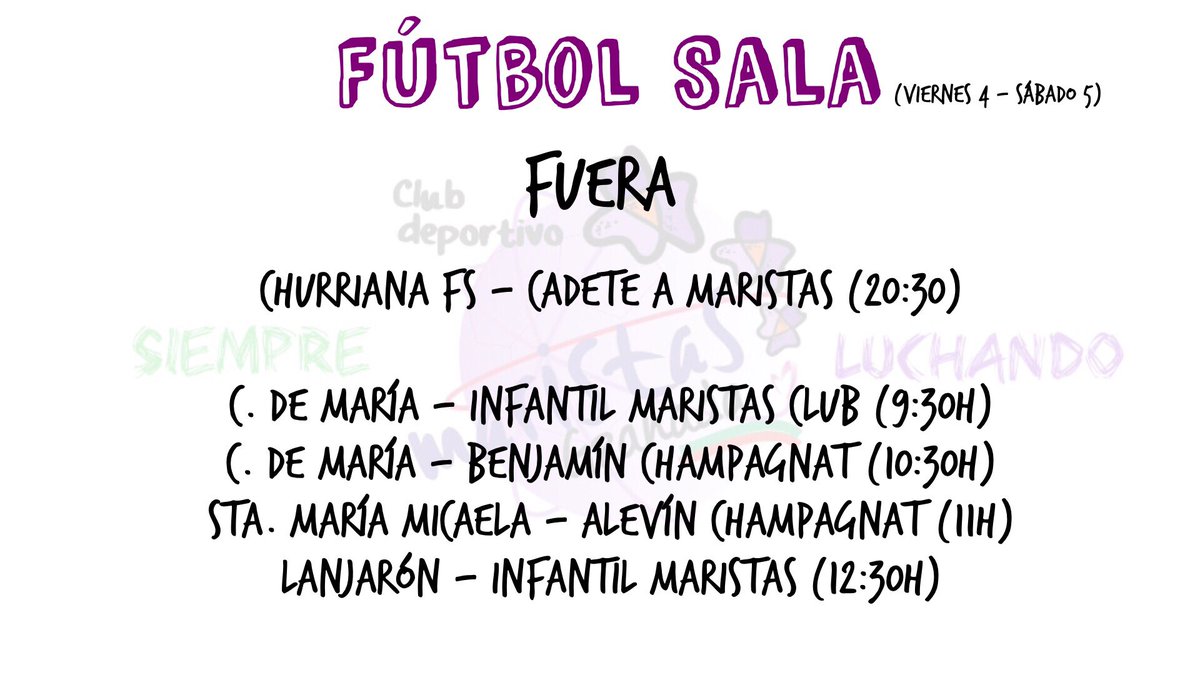 Partidos de nuestros equipos de <a href="/FutsalMaristas/">CD Maristas FS</a> para el primer fin de semana de Noviembre.

#SiempreLuchando #MaristasJuegaFS