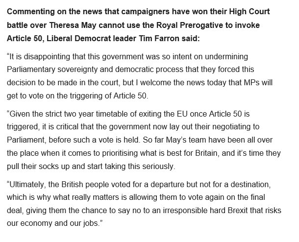 timfarron's tweet image. Taking back power means giving parliament a vote. My comment on the Article 50 legal case.