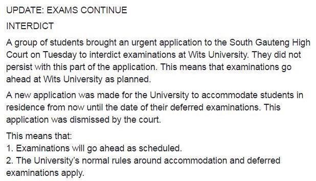 Wits_News's tweet photo. UPDATE: Exams go ahead as planned. Court dismisses new application to accommodate students in residence until date of deferred exam/s. https://t.co/ndbJof2mLi