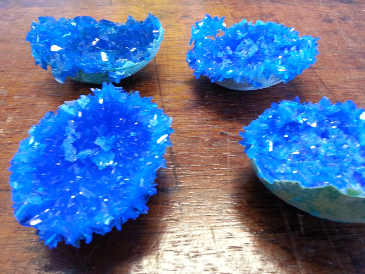 Andrestrujado's tweet photo. @of_Making I've also made some egg shell geodes of copper sulfate crystals! @jesswade #RealTimeChem #time4chem #fakegems https://t.co/mTNci6gFf3