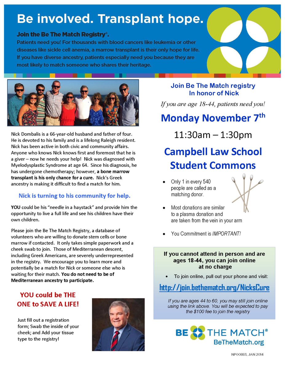 #BeTheMatch registration drive for local atty. Monday at Campbell Law! Details on flyer! #NicksCure <a href="/NCBAorg/">North Carolina Bar Association</a> <a href="/NCStateBar/">NC State Bar</a>