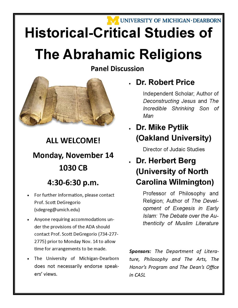 DIAGroup's tweet image. Historical-Critical Studies of the Abrahamic Religions Panel Discussion, 11-14-16, 4:30-6:30 pm, University of Michigan-Dearborn.#Atheism