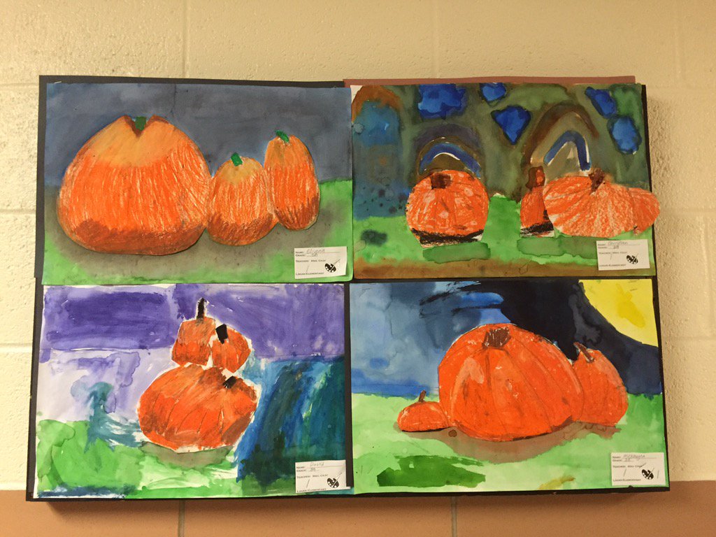LoganESArt's tweet photo. Third-grade pumpkins! Students drew pumpkins from observation and created highlights and shadows with oil pastels. https://t.co/Ct1jvn4amS